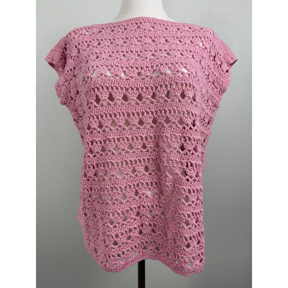 Handmade Pink Crochet Top Boho Cottagecore Open Knit Lace Festival Sweater